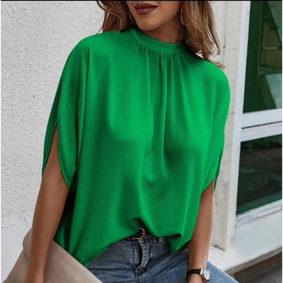 Tops - Boho Oversized Loose Fit Mock Neck Batwing Sleeve Top Blouse Shirt Green